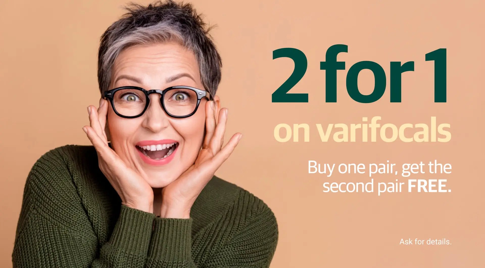 Woman wearing glasses promoting Seepoint Opticas Jávea’s 2‑for‑1 offer on varifocal lenses.