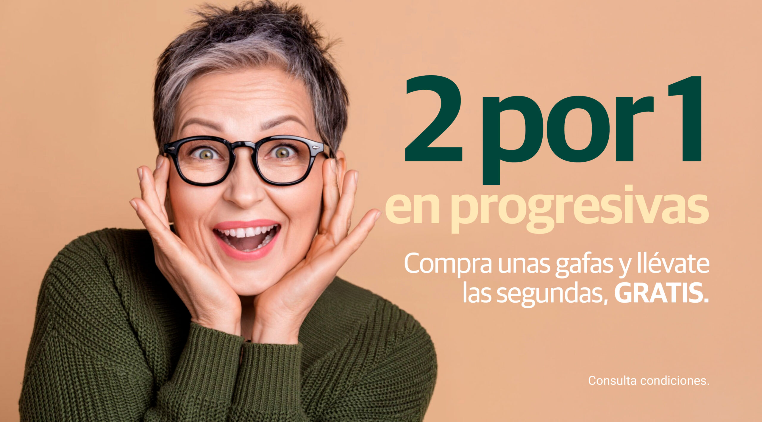Mujer con gafas en anuncio de Seepoint Ópticas Jávea sobre la oferta 2x1 en lentes varifocales.